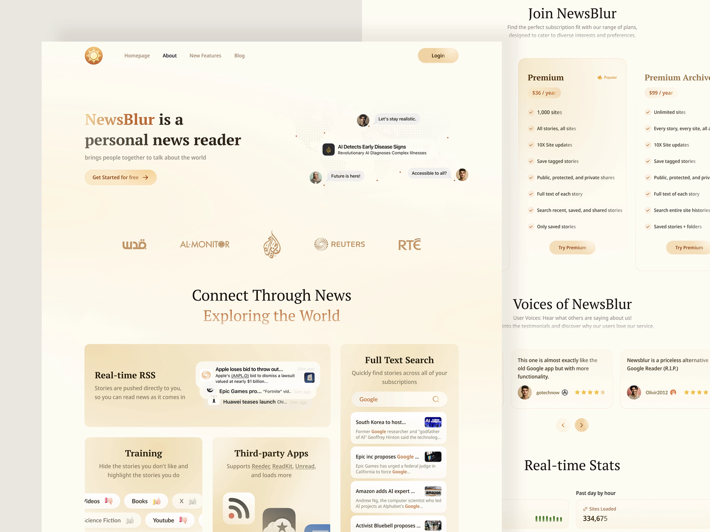 NewsBlur news reader landing page