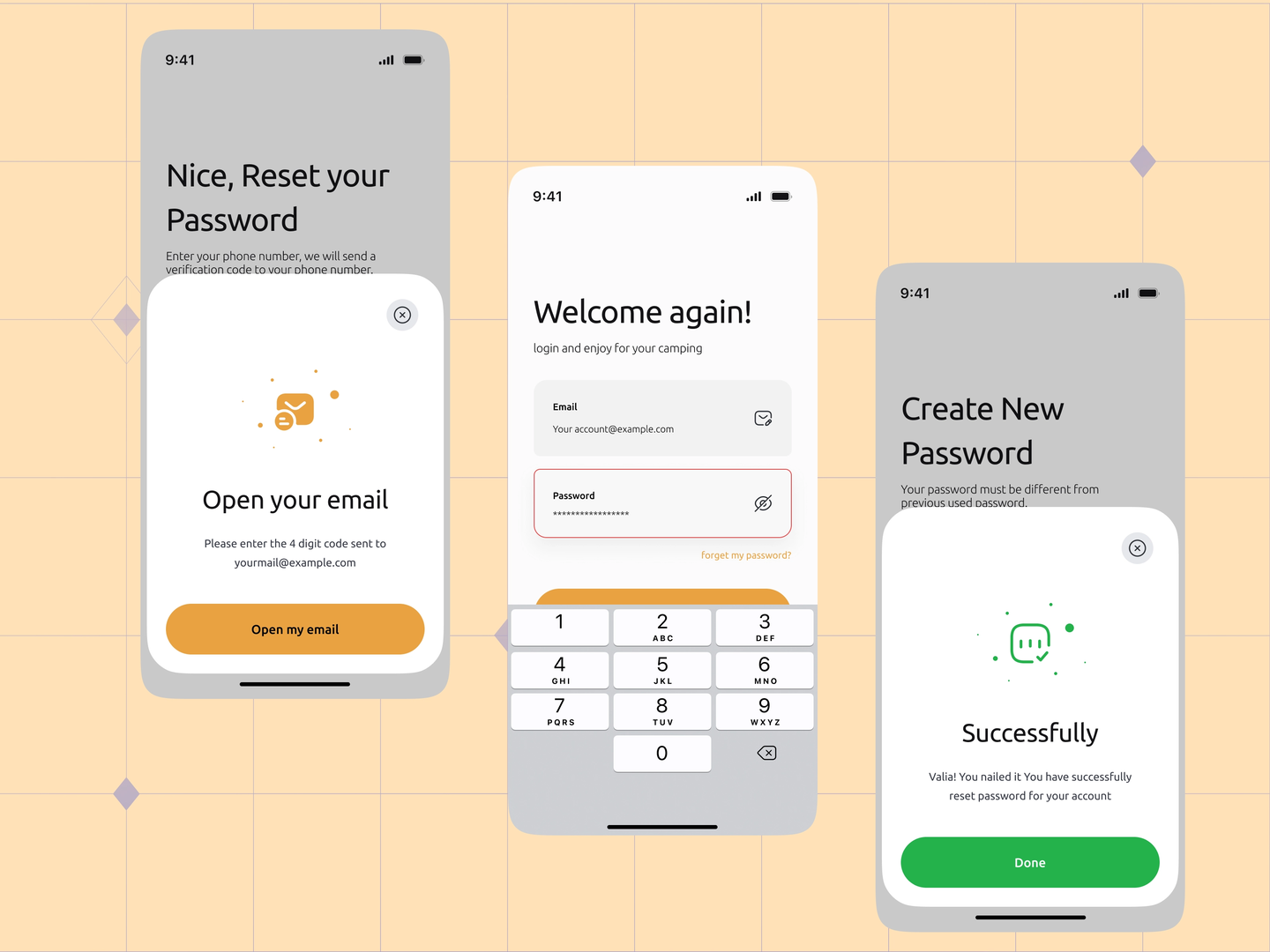Forget passwords and reset passwords screens
