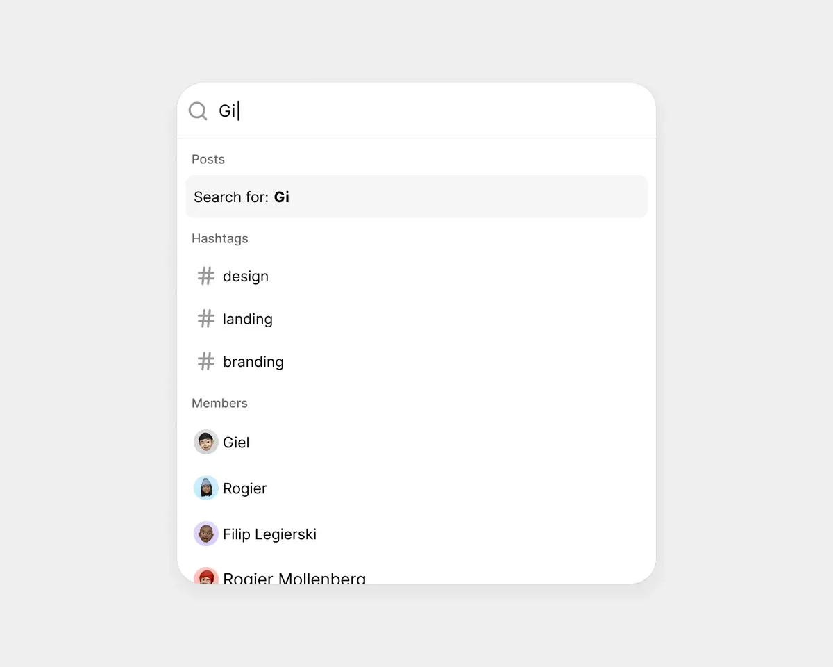 The instant search command palette open over the todays.design feed