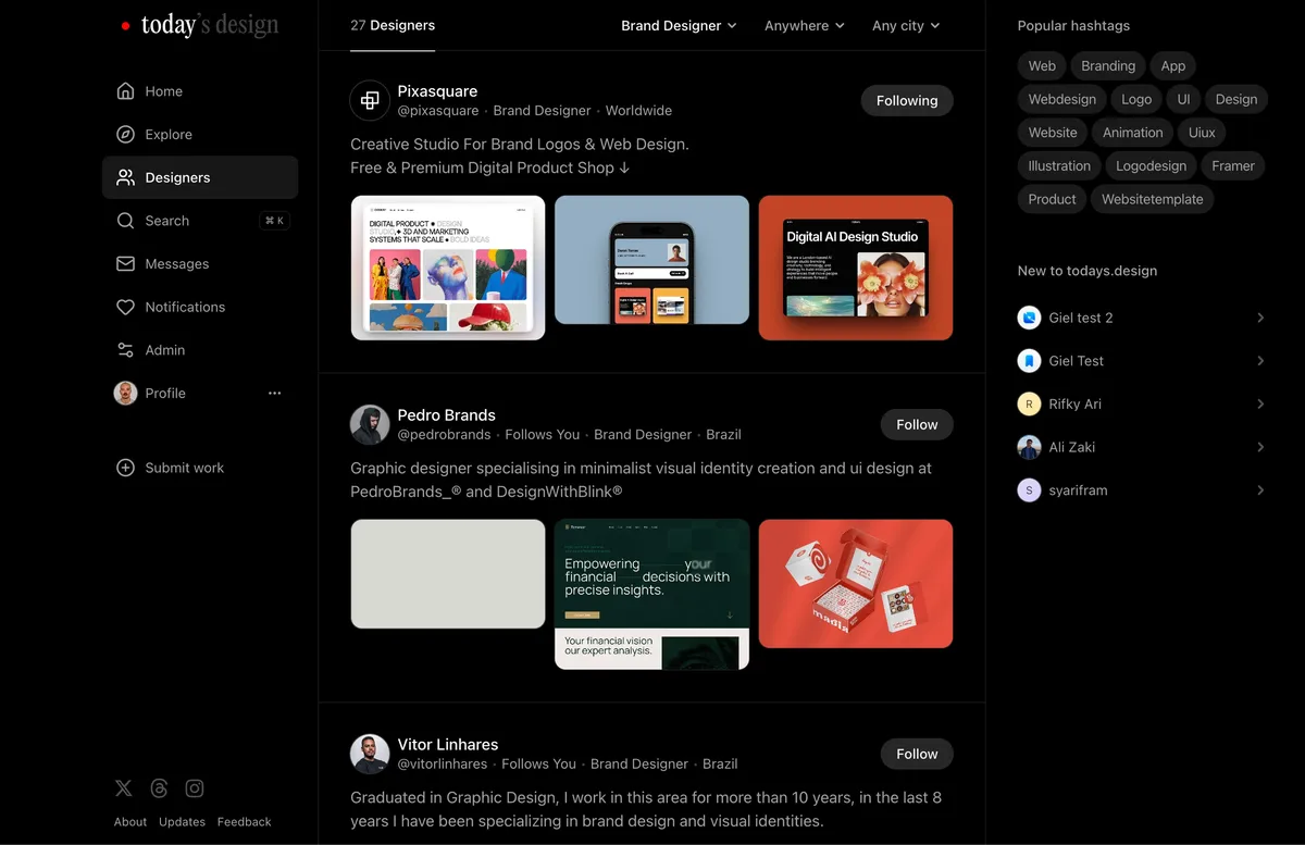 The designers directory on todays.design, filtered to brand designers, with each designer's bio and recent work