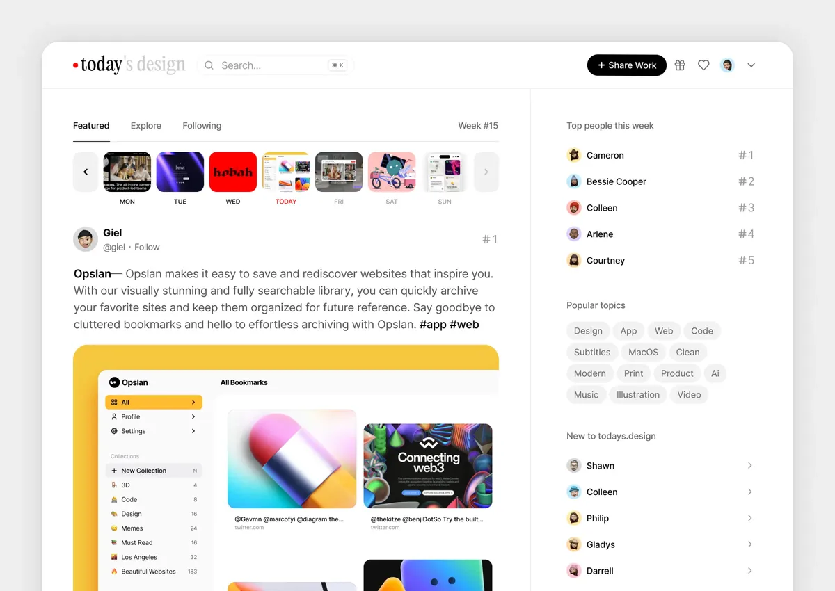 The todays.design home page on launch day
